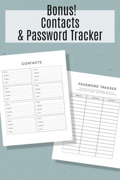 two sheets with the words, contact and password tracker on them