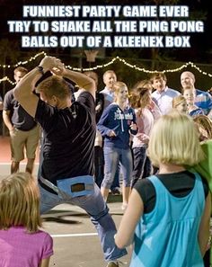 a group of people standing around each other in front of a sign that says funnies party game ever try to shake all the ping pong balls out of a kleenex box