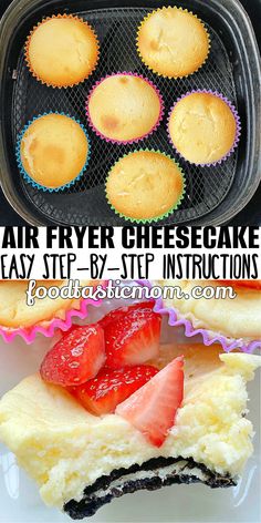 an air fryer cheesecake is shown with strawberries on the top and bottom