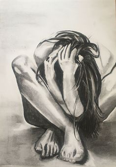 a pencil drawing of a woman sitting on the ground with her head in her hands