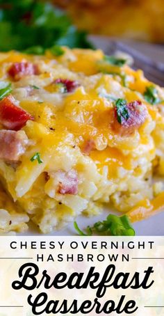 cheesy overnight hashbrown breakfast casserole on a white plate with text overlay