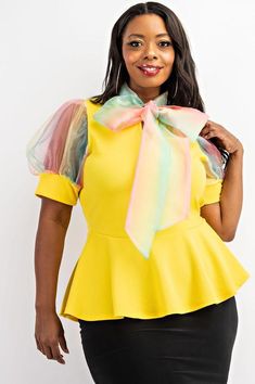 Balloon Sleeve Peplum Top Floral Christmas, Organza Top, Organza Sleeves, Curvy Fashionista, Boutique Trends, Barbie Cake, Yellow Top, African Design Dresses, African Design