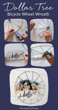 the dollar tree bicycle wheel wreath is made from wood and has four different words on it