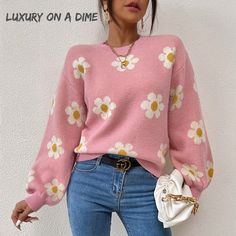 Daisy Retro Flower Knit Pullover Classic Long Lantern Sleeve Sweater Shirt Comfortable, Functional And Beautiful Is All You Need So Thats Why This Will Be Your Favorite Go-To Knit This Season. Contrasting Color Palate That Has A Retro Bohemian Touch With White Daisy Flowers. Ribbed Accent On The Round Neckline, Long Sleeves Ends And Bottom Hem. Perfect For Layering And Pairing With Jeans Or Leggings For Fall Winter Fun Girl-Next-Door Casual Styling That Will Fit Any Setting. Details: Color: Dust Lantern Sleeve Sweater, Floral Sweater, Estilo Chic, Drop Shoulder Sweaters, Casual Sweaters, Style Chic, Outfit Casual, Everyday Wardrobe, Knitted Pullover