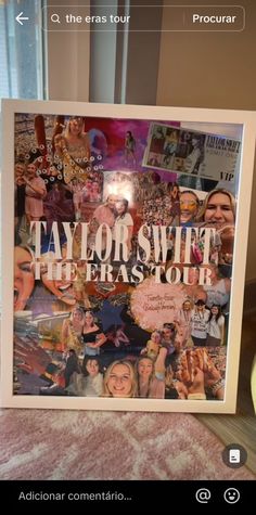 a photo frame with the words taylor swift, the eras tour on it next to a vase