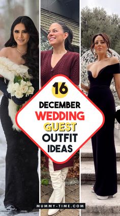 four different pictures with the words, december wedding guest outfit ideas and images of women in formal wear