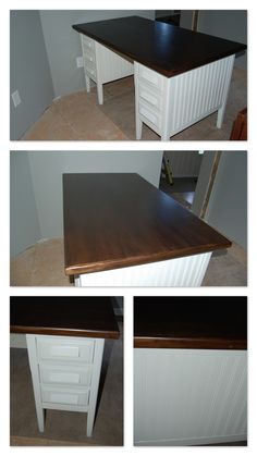 four different views of a white desk with drawers on each side and an open drawer at the top