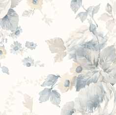 a white and blue flowered wallpaper with grey flowers on the bottom half of it