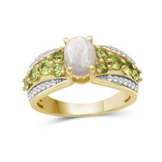 Take your look to the next stylish level with the regal design of this oval-shaped opal and peridot with white lab-created zircon triple-row ring. Fashioned in sterling silver with 14K gold plate Multi-sized spring-green peridot flank the 8.0 x 6.0mm oval-shaped iridescent opal cabochon. Tapered ribbons of white lab-created zircons shimmer along the borders of the shank. Regal Design, White Lab, Green Peridot, Spring Green, The 8, Borders, Sterling Silver Rings, Lab, Opal