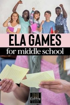 a group of people standing around each other in front of a sign that says ela games for middle school