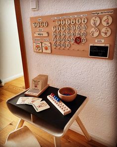 a table with some cards on it and a bowl full of dices next to the board