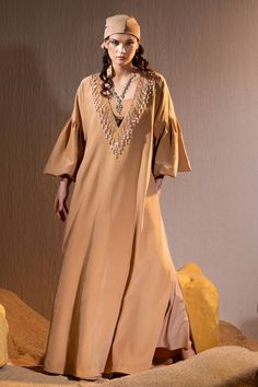 Caramel brown tulip sleeves floor length V neck kurta with dangling pearl, sequin, glass bead tassels embellishments on the neckline. Paired with a bustier. - Aza Fashions Elegant Brown Festive Kaftan, Festive Brown Elegant Kaftan, V Neck Kurta, Bead Tassels, Adah Sharma, Diana Penty, Tulip Sleeve, Luxury Sale, Caramel Brown