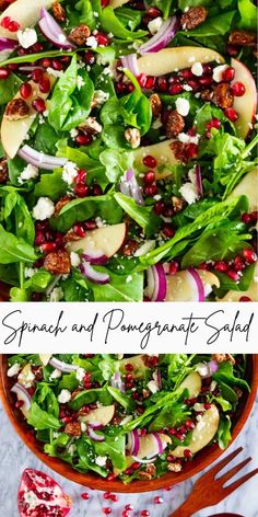 spinach and pomegranate salad in a bowl with apples