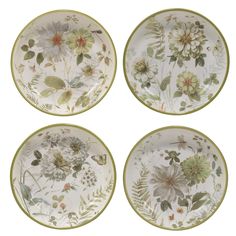 four plates with flowers and leaves painted on the front, side, and back sides