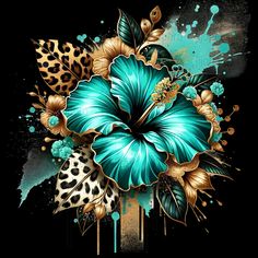 a blue flower and leopard print on a black background