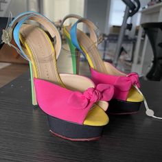 A Small Tear (Broken) In The Clear Strap Of The Left Shoe. See Last Photo. Charlotte Olympia Shoes, Charlotte Olympia, Olympia, Pink And Green, Women Shoes, Green, Pink, Women Shopping