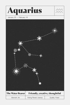 the aquarius zodiac sign is featured in this black and white poster with stars on it