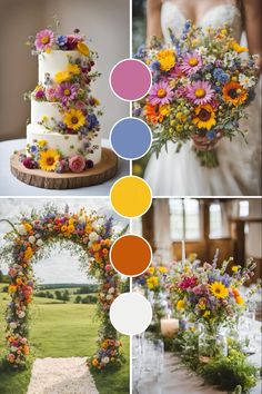 the wedding cake is decorated with colorful flowers and greenery, along with an assortment of color palettes