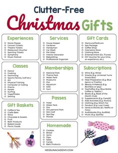 a christmas gift list with the words, gifts and other items