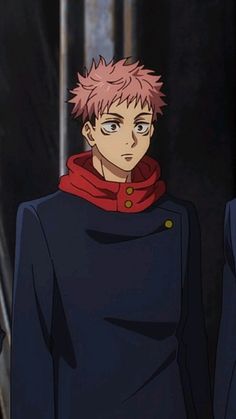 an anime character with pink hair wearing a black shirt and red scarf, standing in front of some stairs