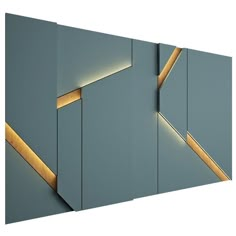 three panels with gold lines on them against a white background, one panel is blue and the other part is grey