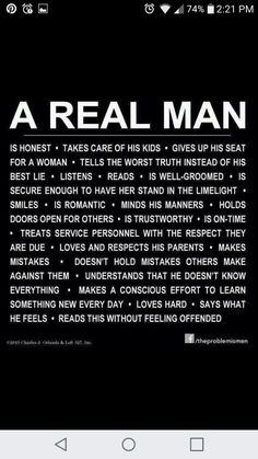 a black and white poster with the words, a real man