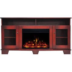 an entertainment center with a fire place in it