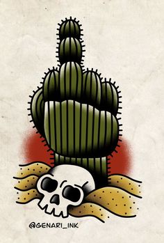 a drawing of a cactus with a skull on it