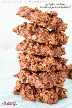 chocolate oatmeal cookies stacked on top of each other with text overlay