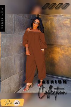 Stylish Solid-color Long Sleeved Off-the-shoulder Jumpsuit Long Sleeve Brown Jumpsuits And Rompers For Summer, Summer Long Sleeve Brown Jumpsuits And Rompers, Chic Off-shoulder Jumpsuits For Fall, Chic Off-shoulder Jumpsuits And Rompers For Fall, Jumpsuits And Romper, Color Pick, Jumpsuit Fashion, 1 Million, Off The Shoulder