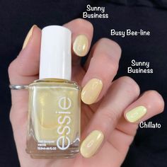 Essie 3 shades of yellow Sunny business, busy bee-line, Chillato Essie Sunny Business, White French Tips With Glitter, French Tips With Glitter, Press On Nails Black, White French Tips, Nails Pedicure, Essie Nail Colors, Summer Wishlist