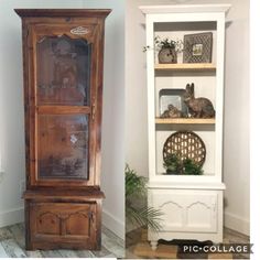 an old china cabinet is turned into a display shelf with plants and other items on top