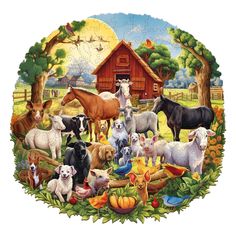 a painting of farm animals in front of a barn with pumpkins and other items