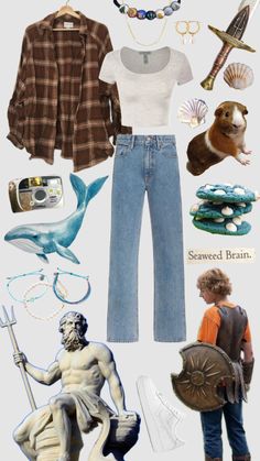 a collage of various items including jeans, a shirt and an animal is shown