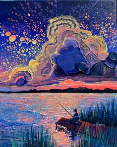 a painting of a man sitting in a boat on the water at night with clouds and stars above him