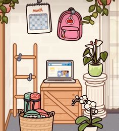 the room is decorated with plants and backpacks