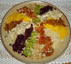 a plate full of different kinds of food on top of a doily table cloth