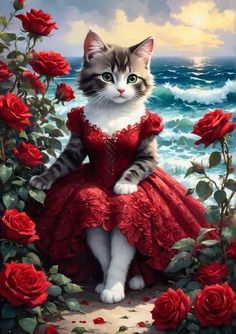 a painting of a cat in a red dress sitting on a rock by the ocean