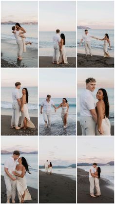 a collage of people standing on top of a beach next to the ocean with their arms around each other