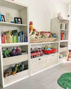 a child's room with toys and bookshelves