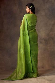 Shop for Shilpi Gupta Green Silk Organza Embroidered Pre-draped Saree With Blouse for Women Online at Aza Fashions Elegant Green Pre-draped Saree With Chikankari Embroidery, Elegant Green Blouse With Chikankari Embroidery, Elegant Green Chikankari Embroidery Blouse, Elegant Green Pre-draped Saree For Transitional Season, Elegant Fitted Pre-draped Saree With Chikankari Embroidery, Tissue Silk Pre-draped Saree With Chikankari Embroidery, Round Neckline Blouse, Hand Embroidered Blouse, Draped Saree