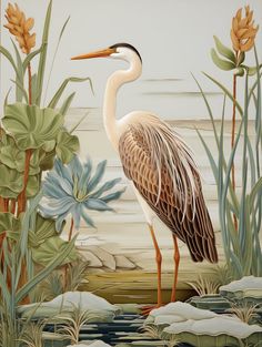 a painting of a white bird standing in the water with plants and flowers around it