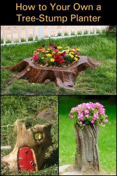 how to make a tree stump planter with flowers in it and the words, how to