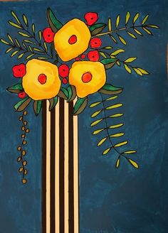 a painting of yellow flowers in a black and white striped vase on a blue background