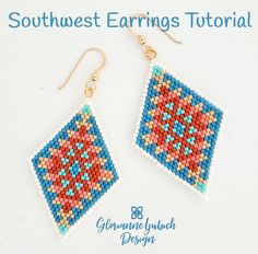 a pair of beaded earrings with the words southwest earrings tutor written in blue and red