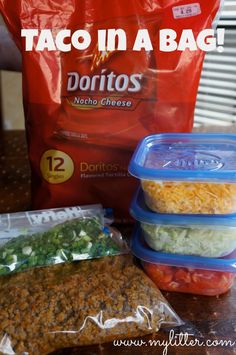 taco in a bag and three containers on a table with the words doritos next to it