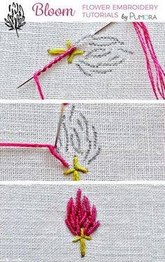 three images show how to make a flower embroider