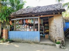 a small hut with a thatched roof and blue walls in front of palm trees