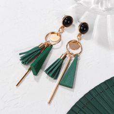 PXM Women's Fashion Stylish Statement Green Geometric Gold Tone Drop Earrings - Divine Inspiration Styles Korean Earrings, Statement Drop Earrings, Green Earrings, Leather Tassel, Geometric Earrings, Earrings Collection, Earrings Color, Silver Diamonds, Tassel Earrings