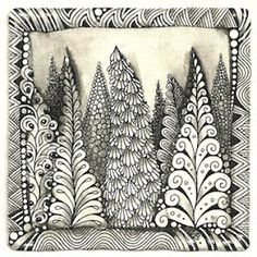 an ink drawing of trees and swirls in black and white, with the background drawn by